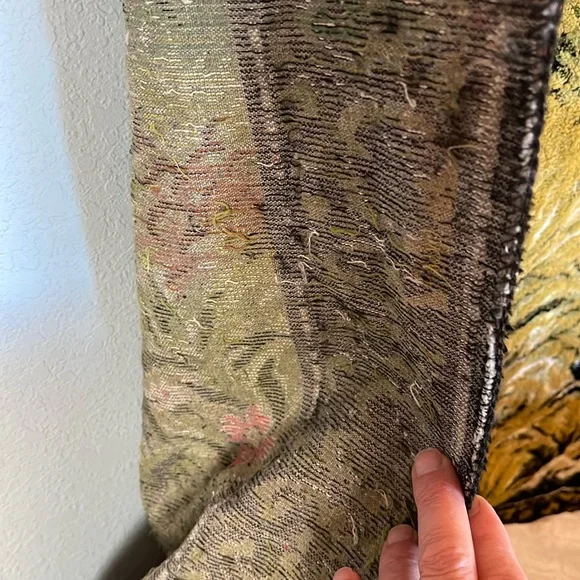 Vintage Velvet Italian Tapestry Rug Wall Hanging of Mountain Scene Buck & Deer